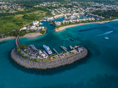 Port St Charles on the west coast of Barbados by drone. Showing Port St Charles, the marina, the beach and the coast of St Peter.