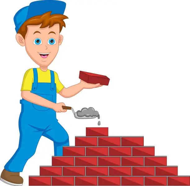 Vector illustration of boy bricklayer cartoon