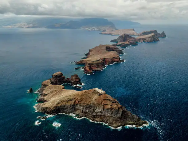 Drone view of autumn Landscape of Madeira island - Ponta de sao Lourenco cliffs