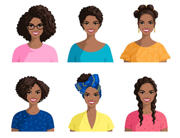Portraits of smiling African women. A group of dark-skinned women with various afro hairstyles. Beautiful female portraits isolated on white. Great for avatars. Portraits of smiling African women. A group of dark-skinned women with various afro hairstyles. Beautiful female portraits isolated on white. Great for avatars. Cartoon style, vector. short weave hairstyles stock illustrations