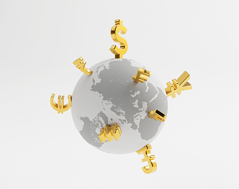 Isolate of white world with main international golden currency sign include UD dollar Euro Pound sterling Yen Yuan Won Ruble for currency exchange , Element of this image from NASA and 3d render.