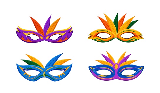 Colorful masquerade and festival masks set. Bright carnival decoration for theatrical celebrations in venetian style as elegant vector face disguise