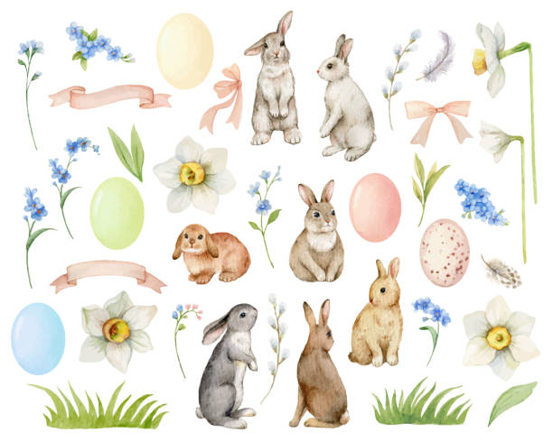 A set of vector watercolor Easter elements in pastel colors. Ideal for invitations, scrapbooking, decoration, greeting cards, textiles, greeting cards, packaging.