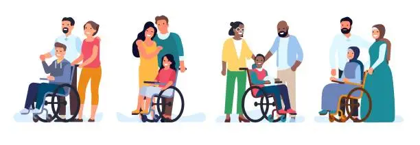 Vector illustration of Parents and their children with disabilities smile together. Handicapped boys and girls in wheelchairs. Mom and dad support disabled kids. Paralyzed babies. Vector happy families set