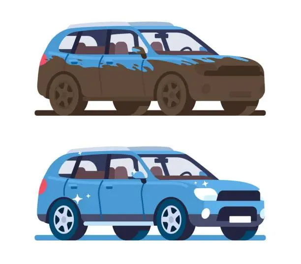 Vector illustration of Dirty and clean car after washing. Carwash service. Care of muddy automobile. Shiny vehicle. Unclean transport with dirt splatters. Automotive cleaner station. Vector isolated machines set