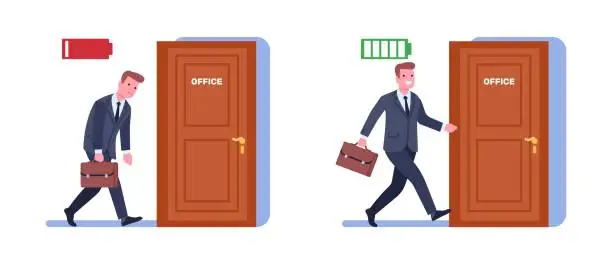 Vector illustration of Full of energy and tired sad businessman goes to work. Low battery. Active office worker. Happy man in suit with briefcase. Overworked burnout employee. Charge power level. Vector concept