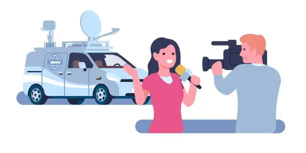 Vector illustration of Journalist is reporting from scene outside news TV channels second car. Reporter with microphone recording video by camcorder. Reportage broadcast. Minivan with antennas. Vector concept