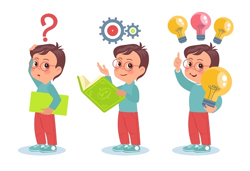 Kid searches idea. Thinking process. Smart boy with book in different states. Confusing child. Teenager finding solution. Mind gears. Innovation lamp. Brainstorming progress. Splendid vector concept
