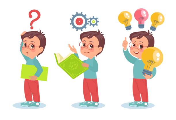 Kid searches idea. Thinking process. Smart boy with book in different states. Confusing child. Teenager finding solution. Innovation lamp. Brainstorming progress. Splendid vector concept vector art illustration