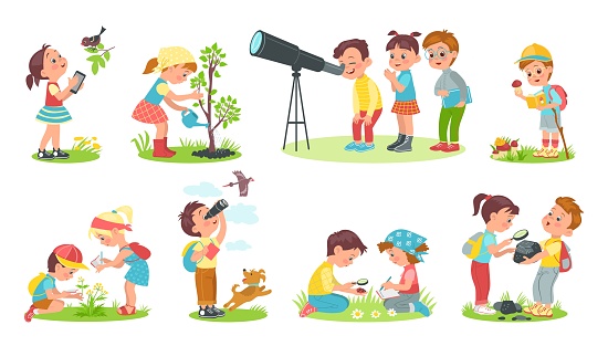 Children study nature. Outdoor lessons. Kids learn world. Curious boys and girls. Young naturalists observe phenomena. Happy teenagers planting trees and exploring forest animals. Splendid vector set