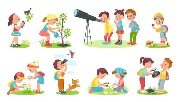 Vector illustration of Children study nature. Outdoor lessons. Kids learn world. Curious boys and girls. Young naturalists observe phenomena. Teenagers planting trees and exploring animals. Splendid vector set