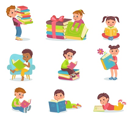 Children read books. Young smart readers. Cute little boys and girls with big literary volumes. Kids hobby. School education. Literature study. Clever students learn textbooks. Splendid vector set