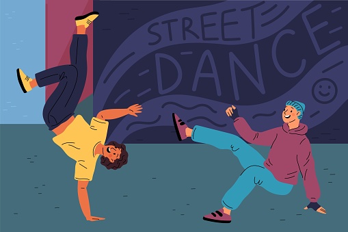 Dancers on street. Young people jumping and acrobatic move rhythmically to music. Modern urban style. Hip hop or shuffle choreography. Freestyle dance battle. Outdoor disco show. Garish vector concept