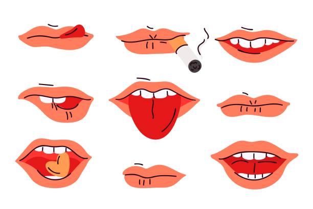 Male mouth expressions. Different lips emotions. Smiles and anger. Smoking cigarettes. Sticking out tongue. Candy in teeth. Man licking and biting. Garish vector facial elements set Male mouth expressions. Different lips emotions. Smiles and anger. Smoking cigarettes. Sticking out tongue. Candy in white teeth. Man licking and biting. Garish vector isolated facial elements set clip art of a yuck mouth stock illustrations