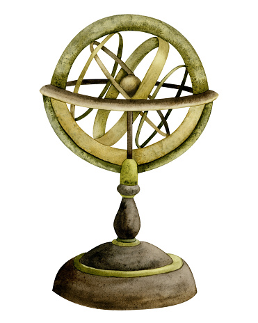 Watercolor navigation armillary sphere, vintage spherical astrolabe instrument illustration isolated on white.