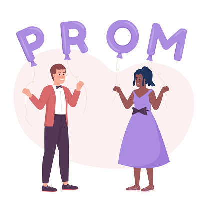 Prom night 2D vector isolated illustration. Friends celebrating and dancing flat characters on cartoon background. Colorful editable scene for mobile, website, presentation. Fredoka One font used