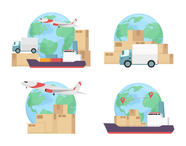 ilustrações, clipart, desenhos animados e ícones de modos de transporte de carga conceito plano ilustração vetorial conjunto - jogo internacional