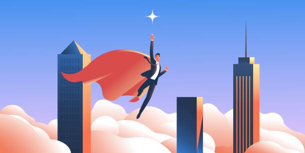 Man in superhero cape flying over city Man in formal suit and superhero cape flying over city. Motivation, success, ambition concept. Vector illustration. Achieve Family Goals stock illustrations