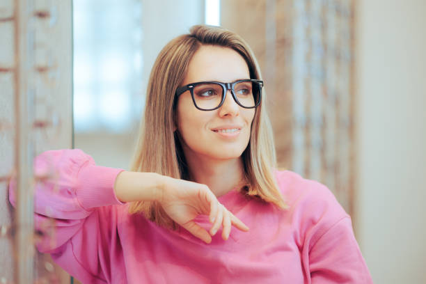 Happy Woman Wearing Retro Black Frames Eyeglasses