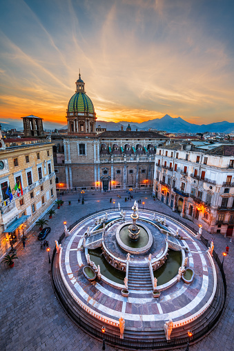 Palermo, Italy with the Praetorian Fountain at dusk.