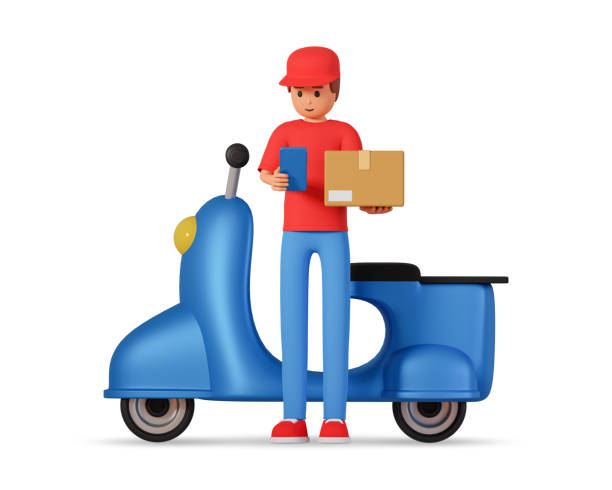 Online delivery concept with courier standing in front of motor scooter holding box and checking cell phone 3d illustration. mensajero en el puesto de gorra cerca del paquete de carga de scooter de motor y la ilustración 3d del teléfono celular de verificación. concepto de entrega de mensajería con hombre parado frente a scooter de motor y caja de retención y teléfono inte