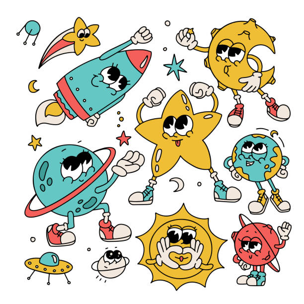 Retro groovy space characters with smiling faces set. Earth, planet, sun, star, rocket and saturn mascots for cosmic prints. Vintage 70s graphic galaxy. Trendy y2k style linear vector collection. Retro groovy space characters with smiling faces set. Earth, planet, sun, star, rocket and saturn mascots for cosmic prints. Vintage 70s graphic galaxy. Trendy y2k style linear vector collection.. cartoon earth happy planet stock illustrations