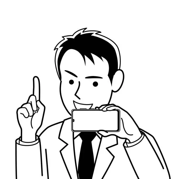 Vector illustration of The man in a suit showing off his smartphone and speaking passionately