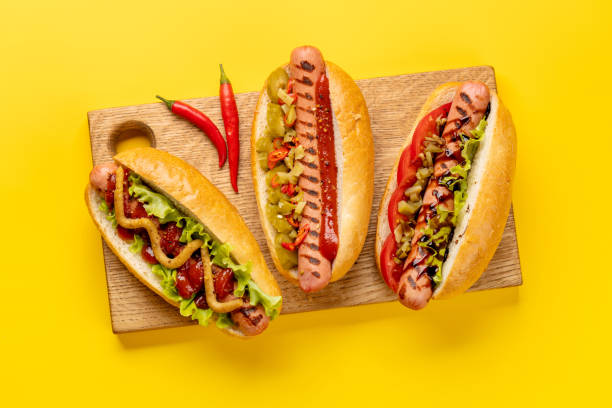 istock Various hot dog on wooden board 1471887003