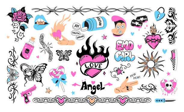 ilustrações de stock, clip art, desenhos animados e ícones de a set of temporary transferable retro tattoos. girl emo style. heart, blades, roses, chain, butterfly, skull - barbed wire wire chain vector