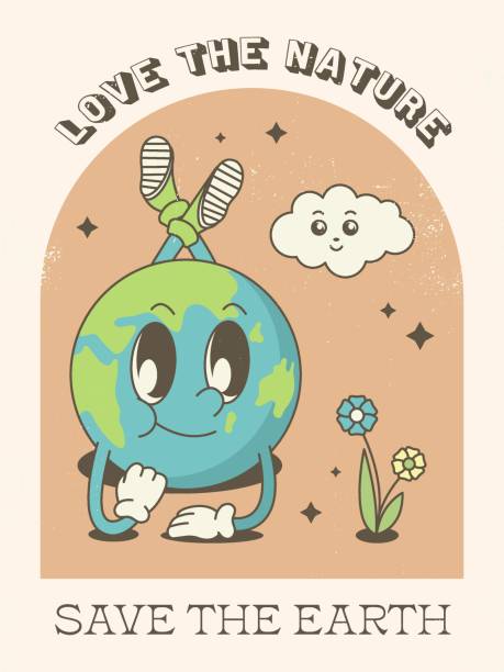 Save The Planet In Trendy Retro Cartoon Style Poster For Earth Day