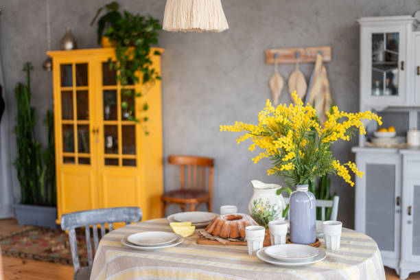 istock Spring, Easter interior in Scandinavian style. Rustic Living room with bright wardrobe yellow mimosa 1471890464