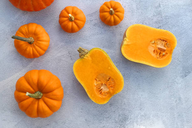 Butternut squash and pumpkins autumn food background. Butternut squash and pumpkins autumn food background. miniature pumpkin stock pictures, royalty-free photos & images