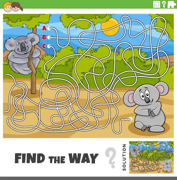 Vector illustration of find the way maze game with cartoon koala bears animals