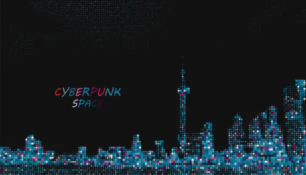 Vector illustration of Vector Cyberpunk Half Tone Dots Style City ShangHai building Background
