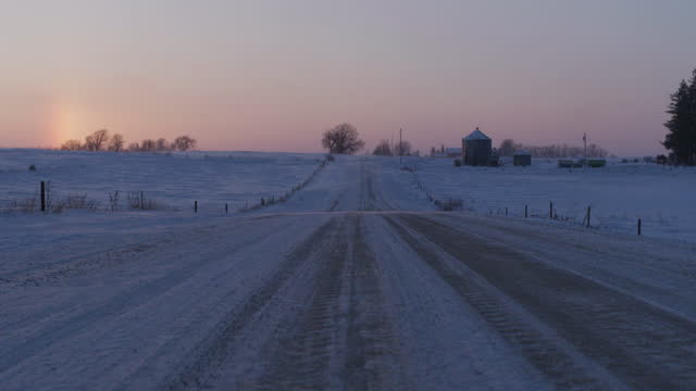 A rural farm road after a snow storm