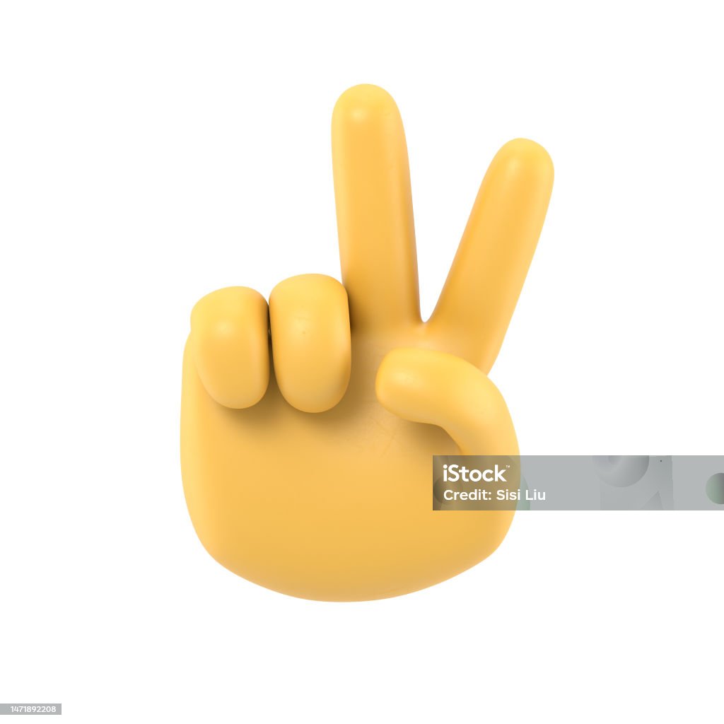 Cartoon Gesture Icon Mockup. Two fingers social icon. Cartoon character hand victory gesture. 3D rendering on white background. Stereoscopic Image Stock Photo