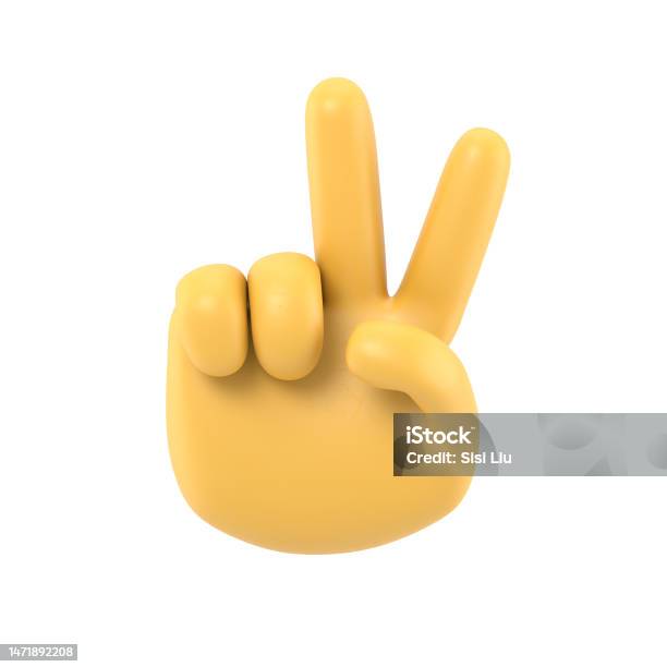 Cartoon Gesture Icon Mockup Two Fingers Social Icon Cartoon Character Hand Victory Gesture 3d Rendering On White Background Stock Photo - Download Image Now