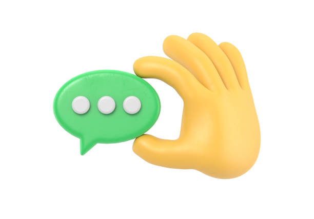 Cartoon Gesture Icon Mockup.3d hand holding chat bubble icon. Message in fingers, communication concept, 3D rendering on white background.