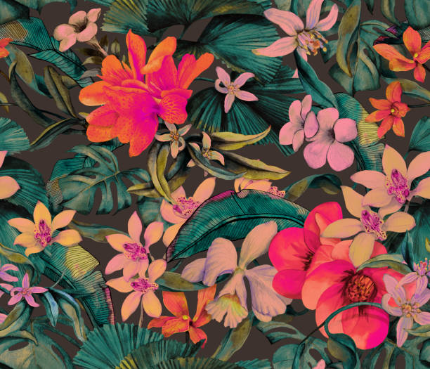 istock Tropical seamless pattern with tropical flowers and leaves. Seamless botanical wallpaper with palm leaves and orchids. 1471892589