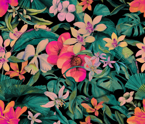istock Tropical seamless pattern with tropical flowers and leaves. Seamless botanical wallpaper with palm leaves and orchids. 1471892596