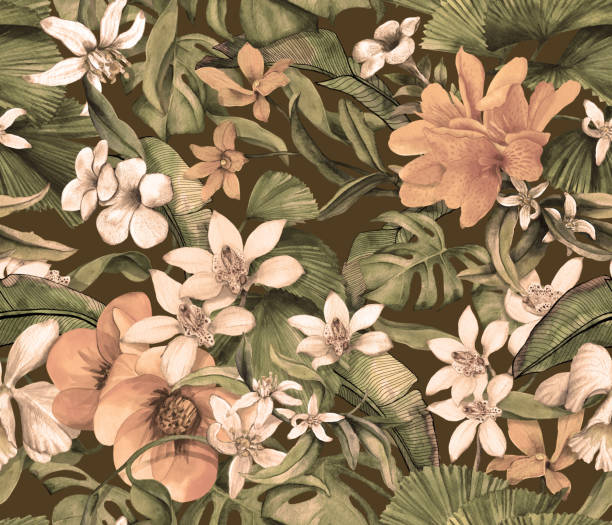 istock Tropical seamless pattern with tropical flowers and leaves. Seamless botanical wallpaper with palm leaves and orchids. 1471892623