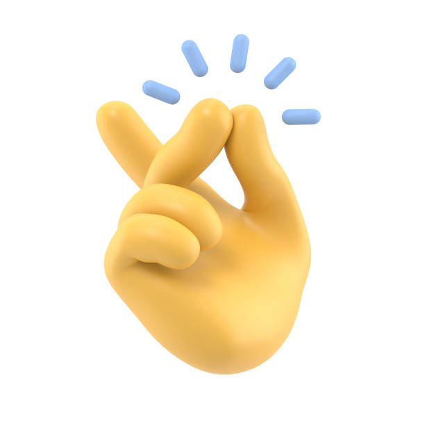 cartoon gesture icon mockup.cartoon hand with dark blue sleeves showing snap gesture with a gold sound, light skin tone, 3d rendering on white background. - snapping imagens e fotografias de stock