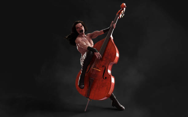 A buck / deer head on a mans body practices upright bass guitar in his living room.