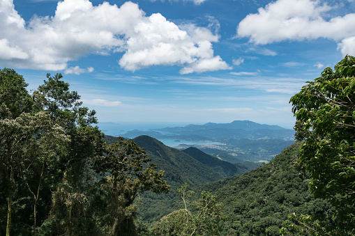 City of Paraty, Brazil, sea, horizon and surroundings seen from above in Bocaina Mountains.