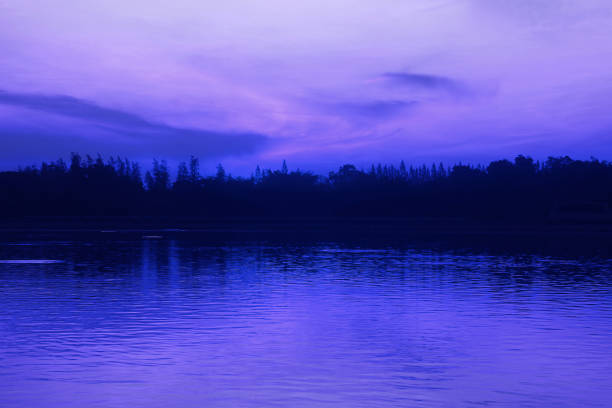 Pop Art Surreal Style Tranquil Lake Landscape in Blue Color
