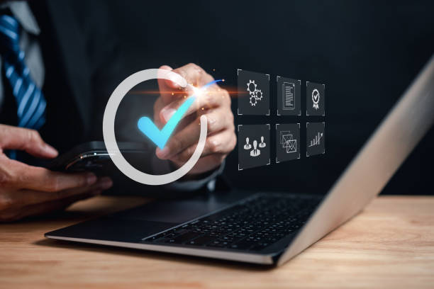 istock Quality management with Quality Assurance or QA and Quality Control or QC and improvement. Standardization, certification. Compliance to regulations service and standards. 1471893741