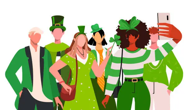 Vector illustration of People in carnival costumes celebrating St. Patrick's Day.