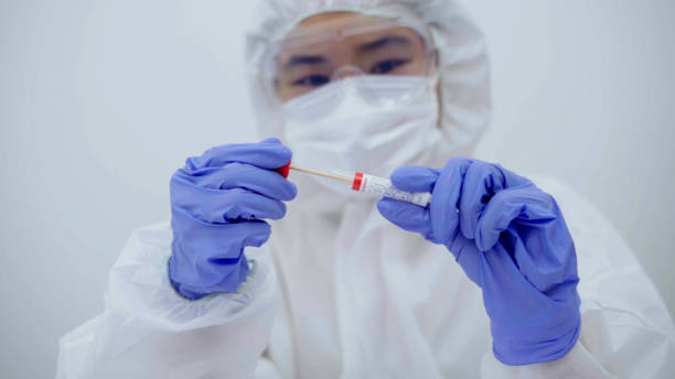 Doctor or Scientist checking sampling test tube to make a medical diagnosis. stock photo