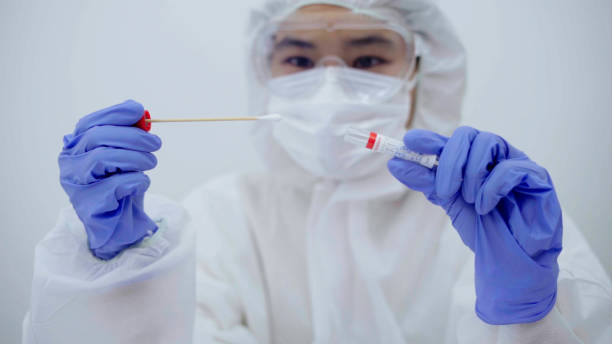 Doctor or Scientist checking sampling test tube to make a medical diagnosis. stock photo