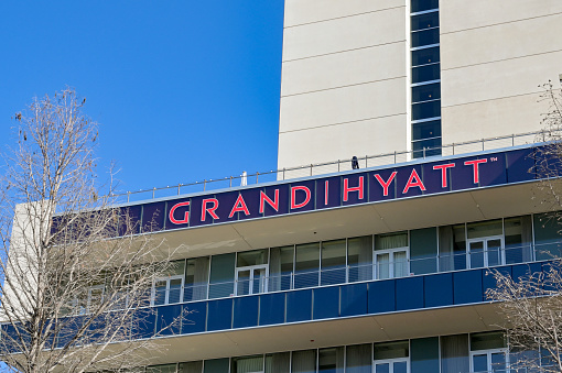 San Antonio, Texas, USA - February 2023: Exterior view of the Grand Hyatt hotel in the city centre